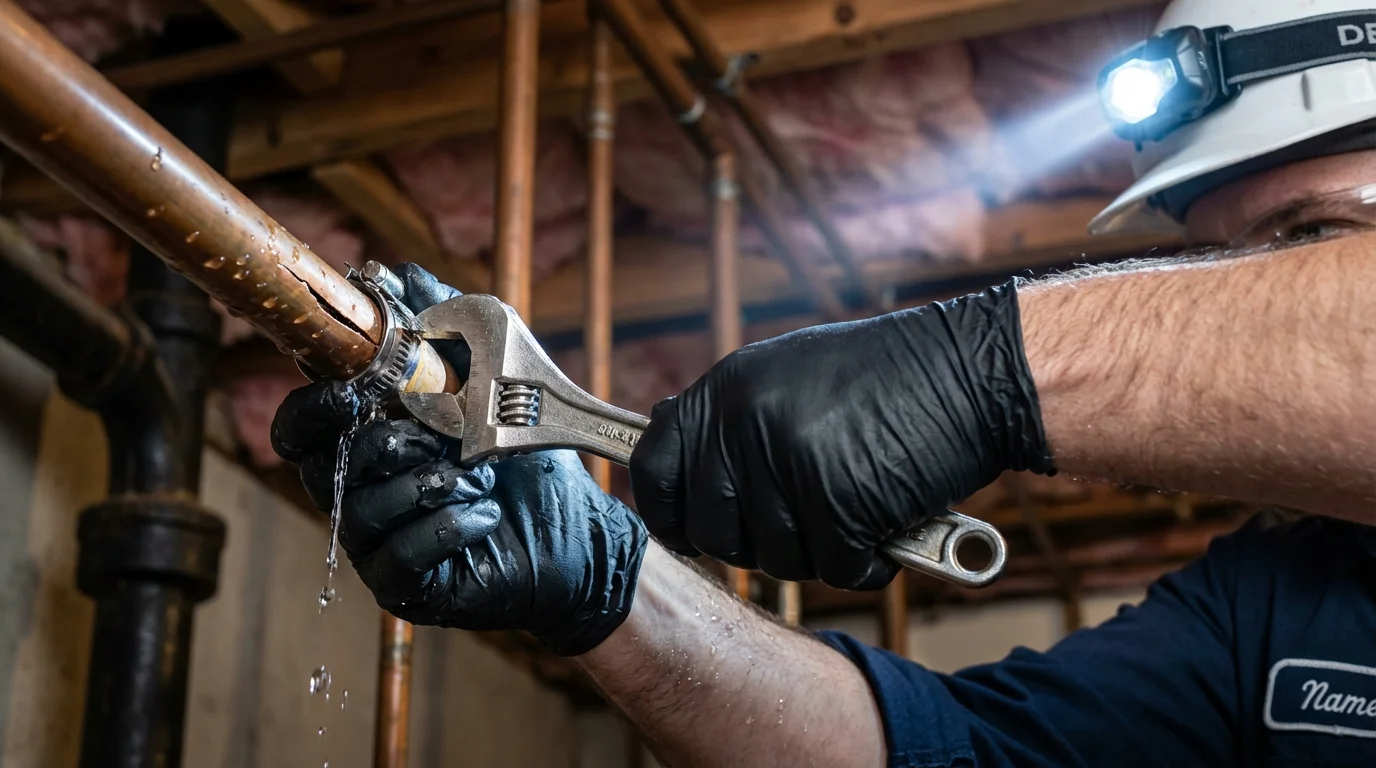 Emergency pipe clamp repair being performed by a Johns Plumbing LLC plumber in Imlay City