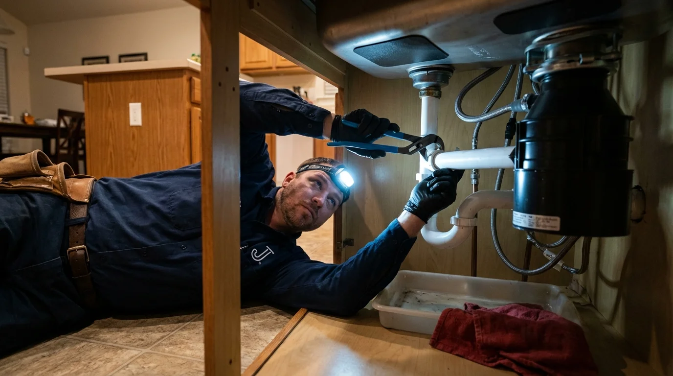 P-trap and supply line connections under a kitchen sink showing a common leak point in Imlay City, MI